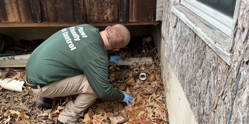 A Planet Friendly Pest Control technician during an exterior inspection