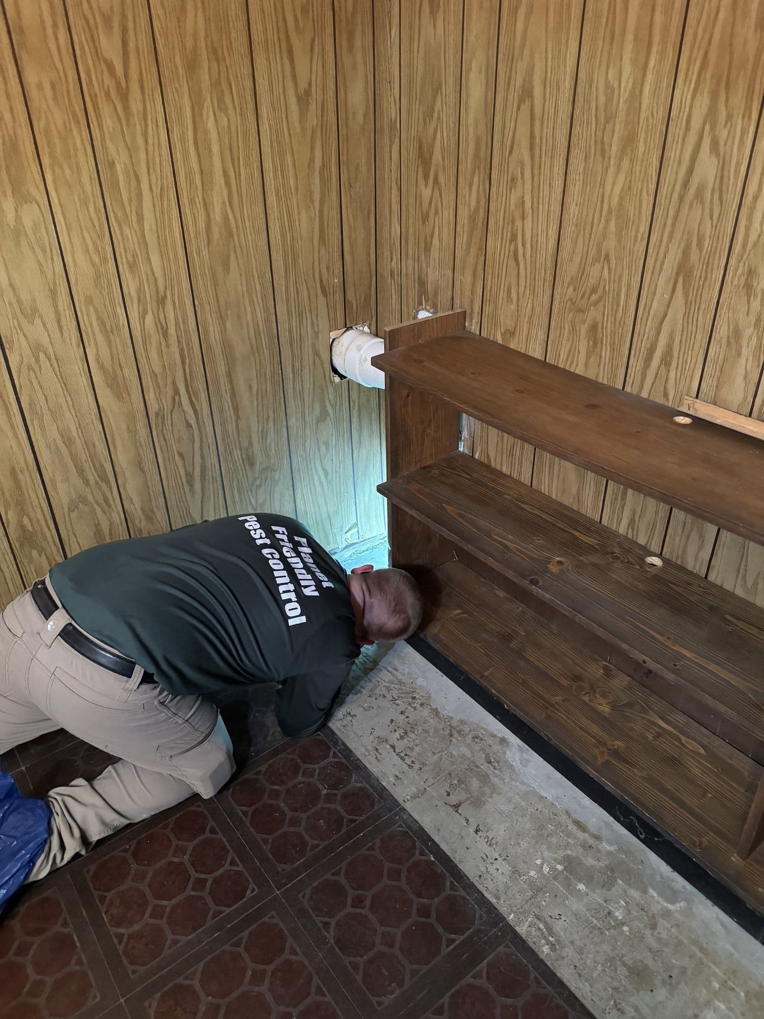 A Planet Friendly Pest Control technician inspecting inside a paneled room