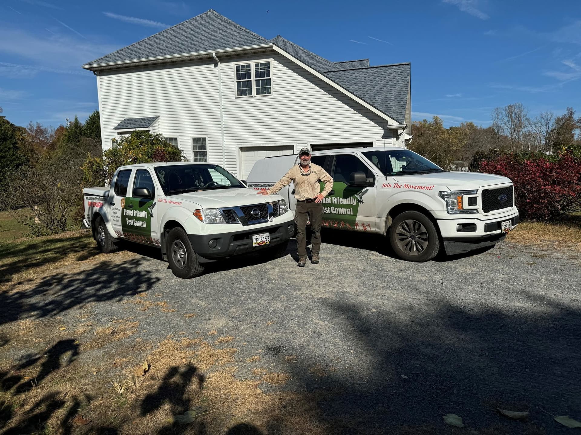 A Planet Friendly Pest Control technician performing an exterior treatment near Coltons Point MD