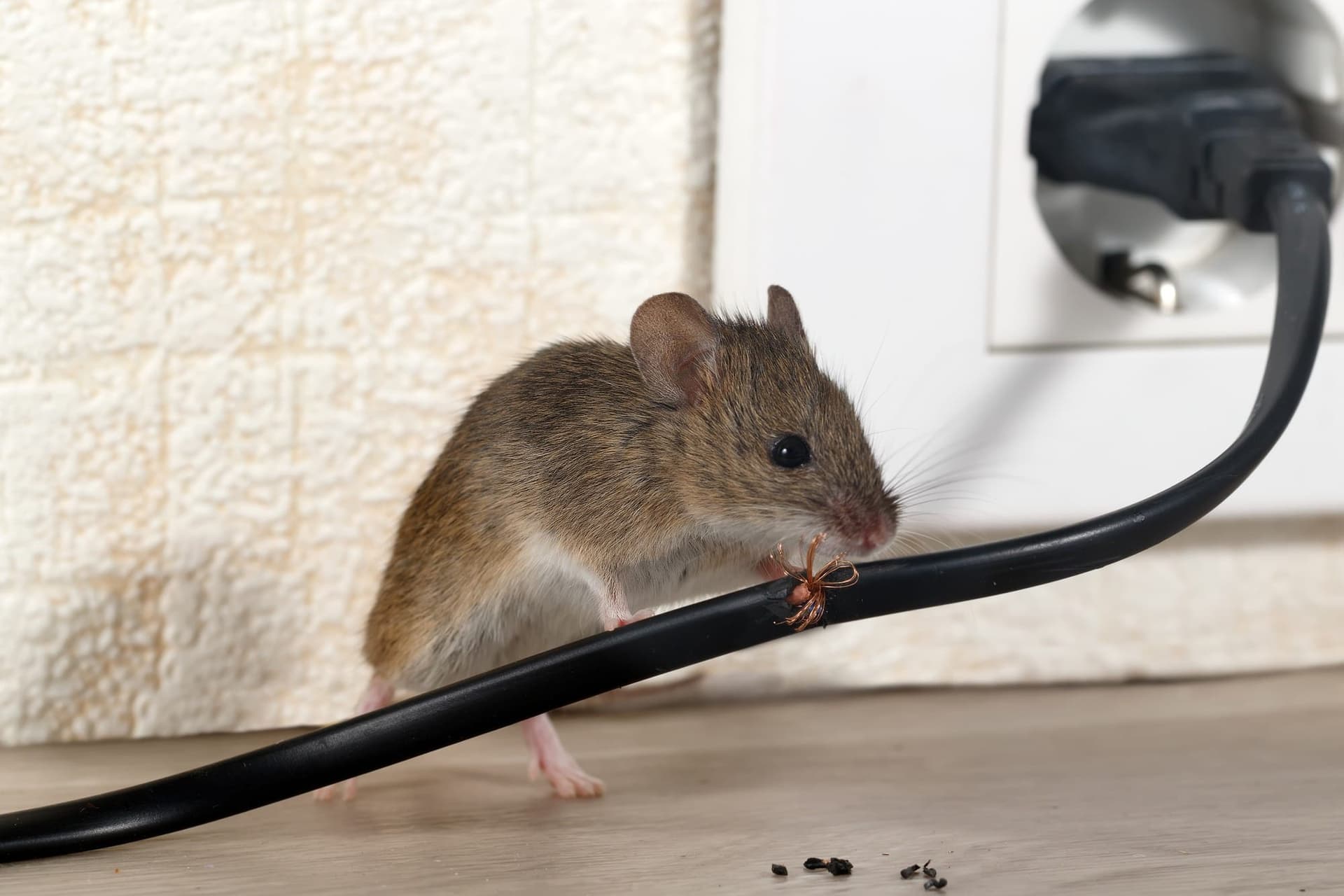 mouse gnaws wire in an apartment house near wall and electrical outlet . Inside high-rise buildings. Fight with mice in the apartment. Extermination. Small DOF focus put only to wire.